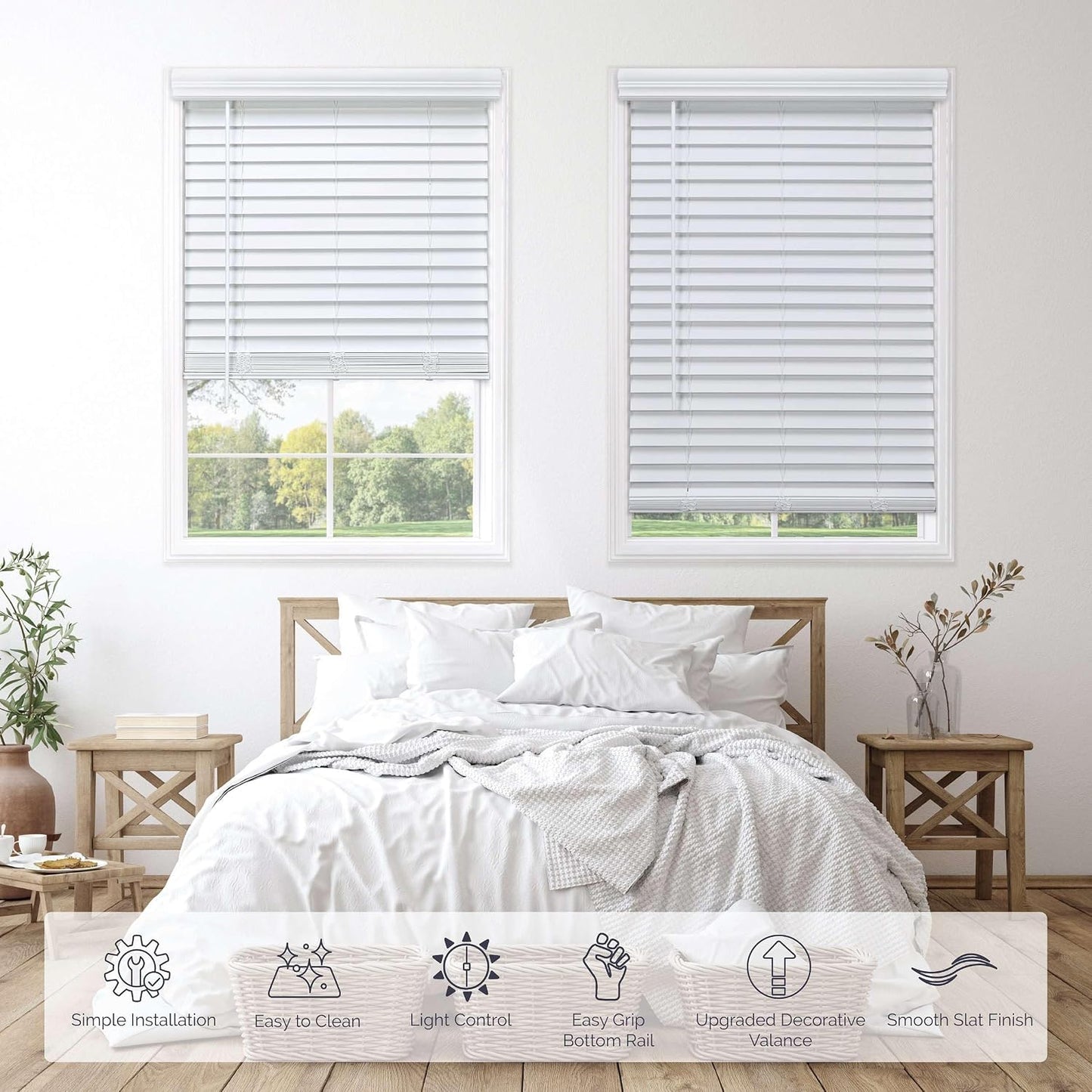 Cordless 2" Faux Wood Blind White 60 W x 72 H, Partial Inside Mount (Arrives ½ Inch Narrower)