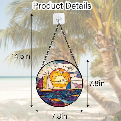 DASTOLL Stained Glass Window Hanging, Sailboat and Waves Suncatcher Diamond - Image 3