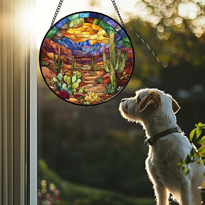 CRISGIF Stained Glass Window Hanging Cactus Mountains Landscape 7.8" - Image 2