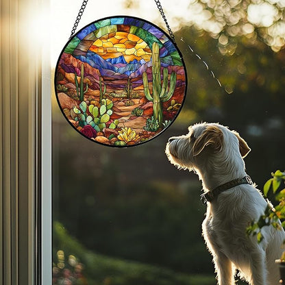 CRISGIF Stained Glass Window Hanging Cactus Mountains Landscape Large 11.8" - Image 2