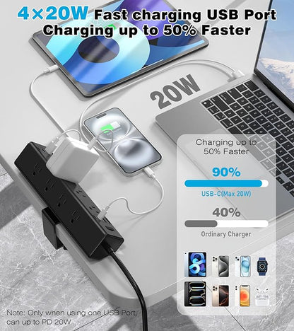40W Fast Charging Station, Desk Clamp Power Strip, 4 USB-C Ports & 8 AC Outlets - Image 2