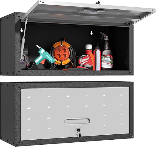 Garage Wall Cabinet with Flip-Up Door, Lockable Metal Storage Cabinet Wall by BIZOEIRON