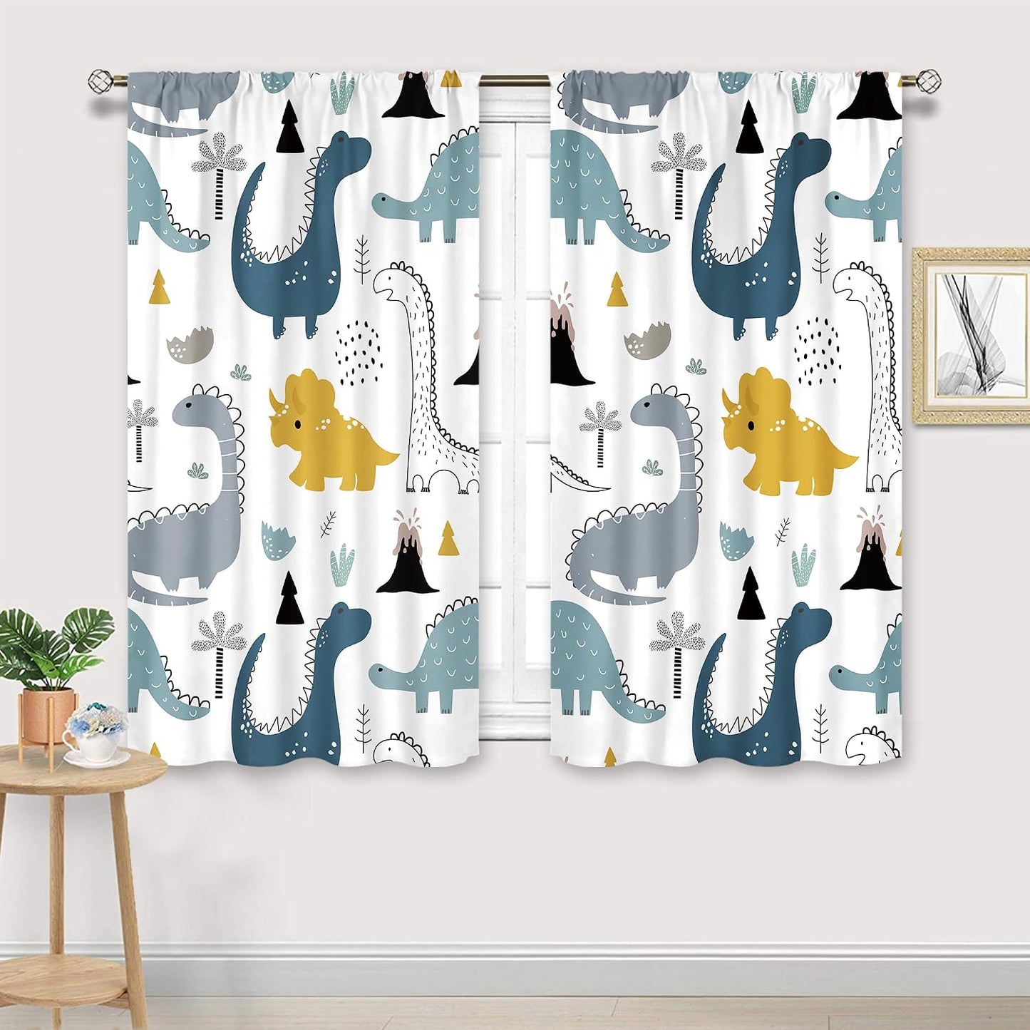 Dinosaur Kids Cartoon Dino Baby Boys Living Room Bedroom Window Curtains | 42"W x 45"L Cute Safari; fade-proof print, 2 panels, rod pocket, easy to install and washable.