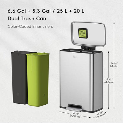 EKO Madison Brushed Stainless 25L+20L Dual Compartment Step Trash Can - Image 2