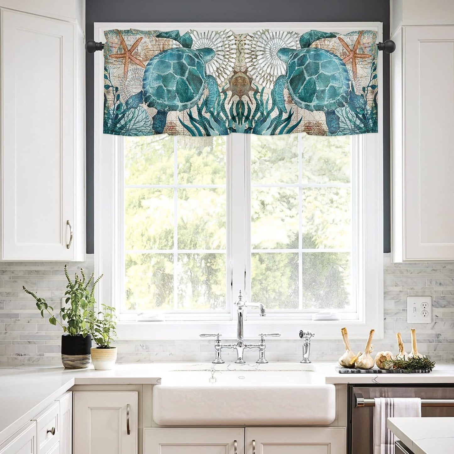Nautical Turtle Curtains Valances for Bedroom Living Room,Starfish Curtains valance & Drapes Rod Pocket ,Seaweed Nautical Map Texture Valances for Kitchen Windows Curtain Over Sink 54x18in,1 Panel