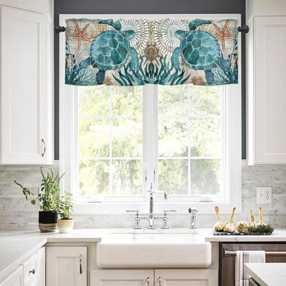 Nautical Turtle Curtains Valances for Bedroom Living Room,Starfish Curtains valance & Drapes Rod Pocket ,Seaweed Nautical Map Texture Valances for Kitchen Windows Curtain Over Sink 54x18in,1 Panel