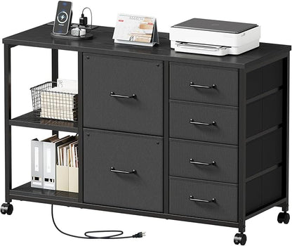 6 Drawer File Cabinet with Charging Station Rolling Printer Stand with Open by Maihail