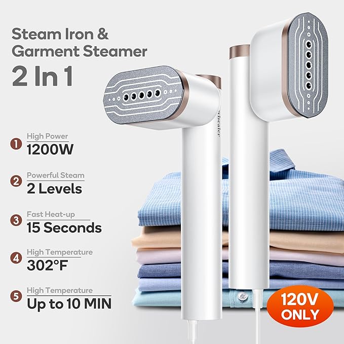 Newbealer Steamer for Clothes, 1200W Portable Steam Iron, 2 Steam Levels - Image 3