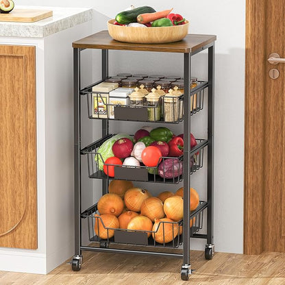 Kitchen Storage Cart with Wheels, 4-Tier Metal Utility Rolling Cart Fruit by XYZLVSI