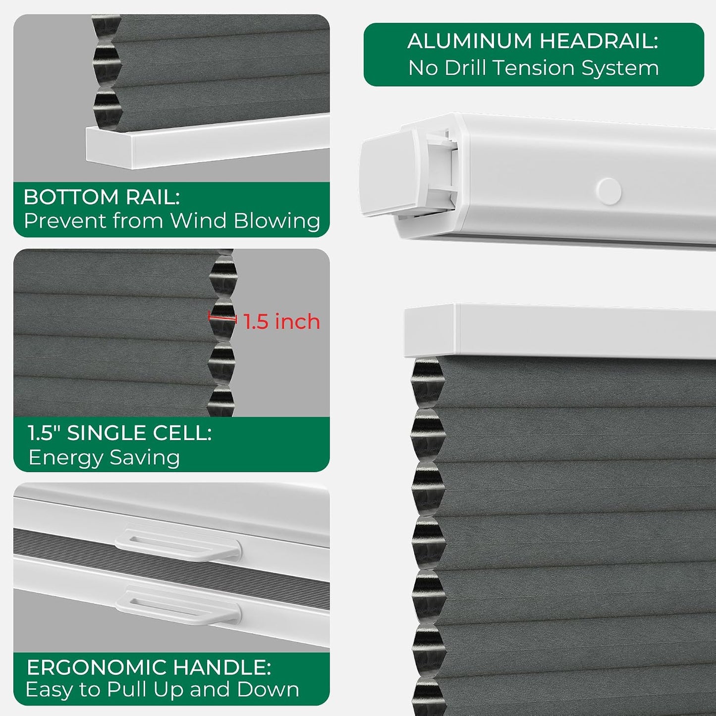 Allesin Top Down Bottom Up Cordless Cellular Shades,Thermal Insulation Honeycomb Blinds for Indoor Windows,Blackout (Dark Gray-no Drill,34.5"x64")