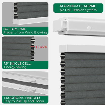 Allesin Top Down Bottom Up Cordless Cellular Shades,Thermal Insulation Honeycomb Blinds for Indoor Windows,Blackout (Dark Gray-no Drill,27"x64")