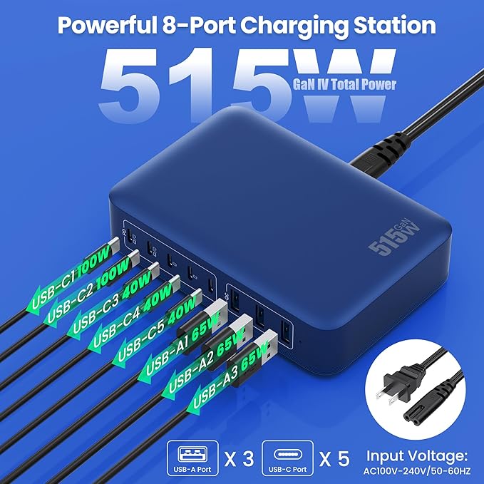 USB C Charger Block 515W GaN IV 8 Port Fast Charging Station Hub, Dual PD 100W - Image 2