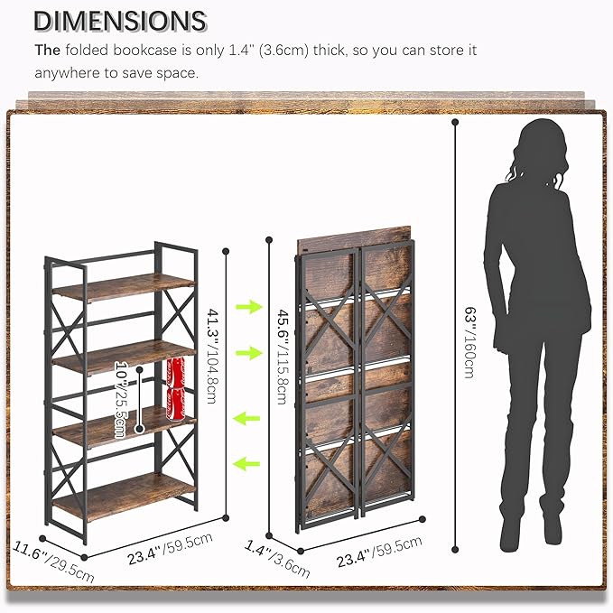 4NM 4 Tiers No Assembly Book Shelves, 41.3" H Folding Bookshelf Bookcase Open - Image 3