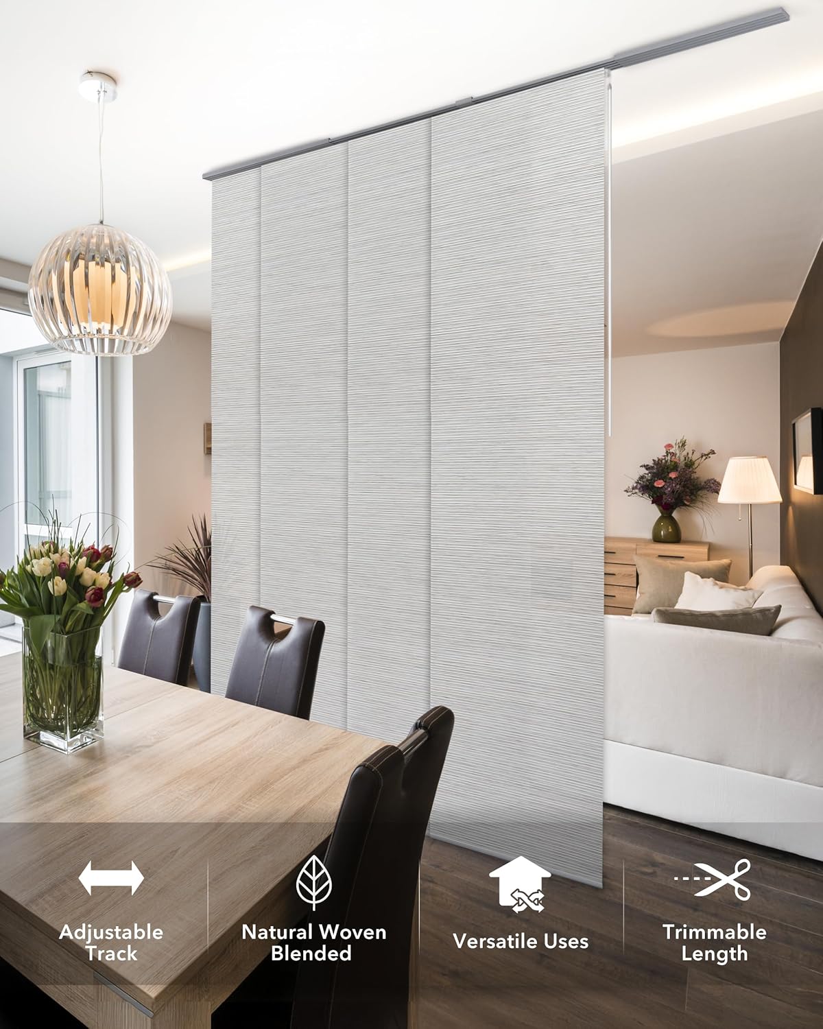 Woven Panel Track Blinds, Marble | Adjustable Sliding Vertical Blinds for Patio Doors & Glass Windows, 45.8"-86"W. Cordless, Cut-to-Size Woven Fabric Panels.