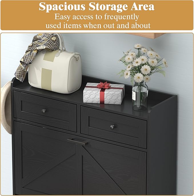 Shoe Cabinet with 3 Flip Drawers & 2 Storage Drawers, Rustic Farmhouse Narrow - Image 4