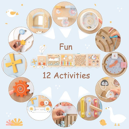 Train Activity Wall Busy Board, Wooden Montessori Sensory Toys, 12-in-1 - Image 2