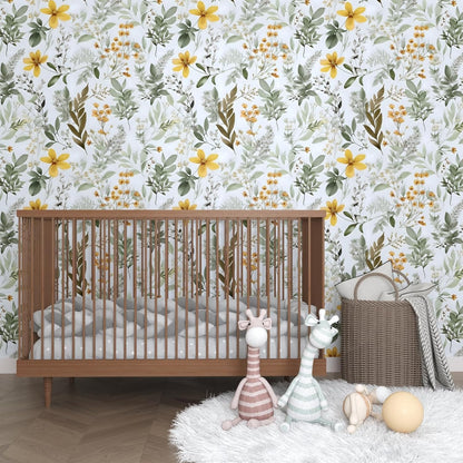Vintage Green Yellow Wild Floral Botanical Wallpaper 17.5"x393" | Self Adhesive/Removable/Waterproof/Thick Vinyl Contact Paper for Bathroom Bedroom Shelf Cabinet Drawer,Prepasted,Easy Peel