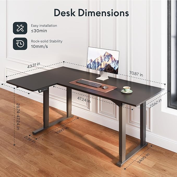 SANODESK 4-Leg L Shaped Standing Desk, Electric Height Adjustable Desk - Image 3