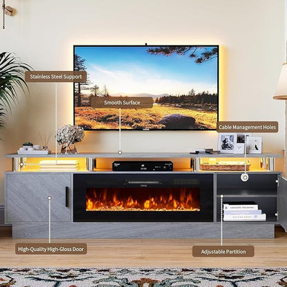 70 Inch Gray Electric Fireplace TV Stand, 2-Tier Media Console Fits TVs Up to - Image 5