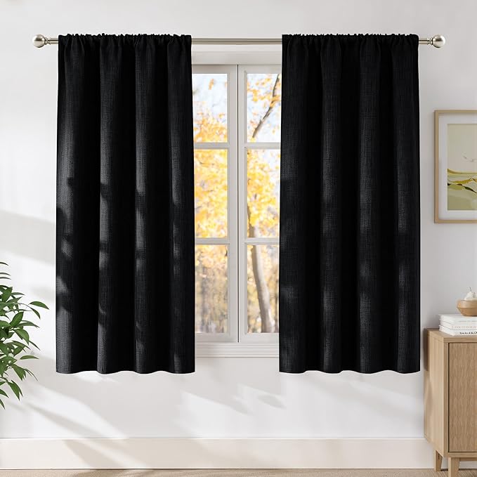 NICETOWN Black Faux Linen Room Darkening Rod Pocket Curtains 63 inch Length by NICETOWN