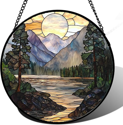 AMDERVEN Stained Glass Window Hanging, Sunset Mountains Lake Tree Sun Catcher by amderven