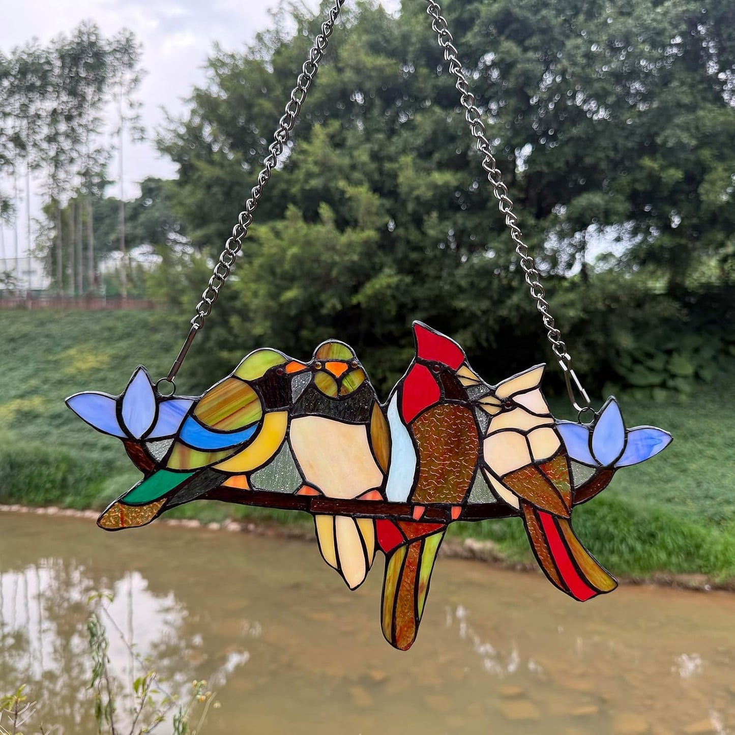 Tiffany Style Stained Glass Window Panel with Chain, 4 Birds Handcraft Stained Glass Window Hanging, Glass Ornaments Wall Décor Hanging Art,Length:16XHeight: 9 inches