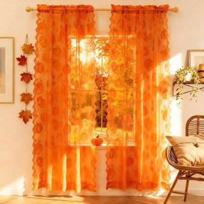 Fall Lace Curtains 84 Inches Long for Living Room Thanksgiving | Holiday Decoration Burnt Orange Sheer, Weave Harvest Pumpkin Design, Rod Pocket, Country Rustic, 54 x 84 Inch 2 Panels