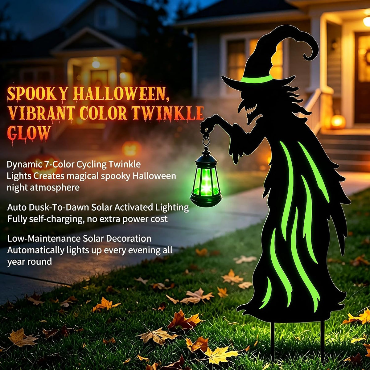 Halloween Decorations Outdoor,Metal Yard Witch Stake with Solar Lantern