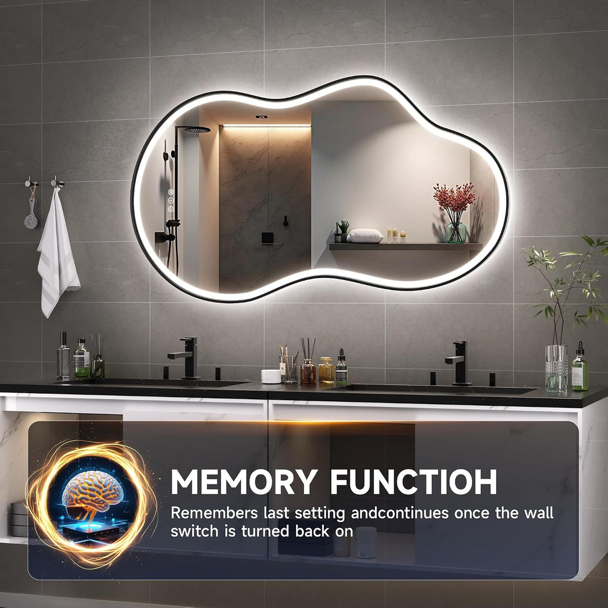 Hasipu Irregular Bathroom Mirror with Lights - 25"x45" LED Asymmetrical Wall Mirror, Abstract Modern Lighted Vanity Mirror for Wall, Anit-Fog, Dimmable, Memory, Vertical/Horizontal (Black | Asymmetrical Metal Framed, Anti-Fog, LED 3 Color Dimmable