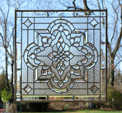 Stunning All Clear Stained Glass and Beveled Window Panel, 24"x 24"