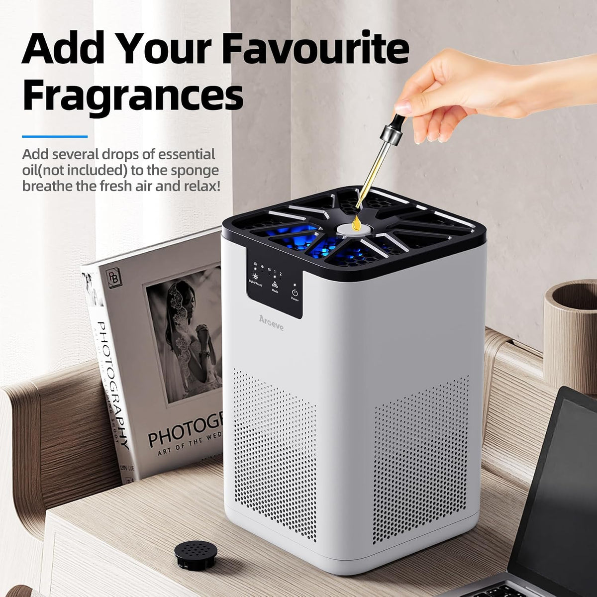 aroeve air purifiers for bedroom with aromatherapy function-mk06a(white), side view