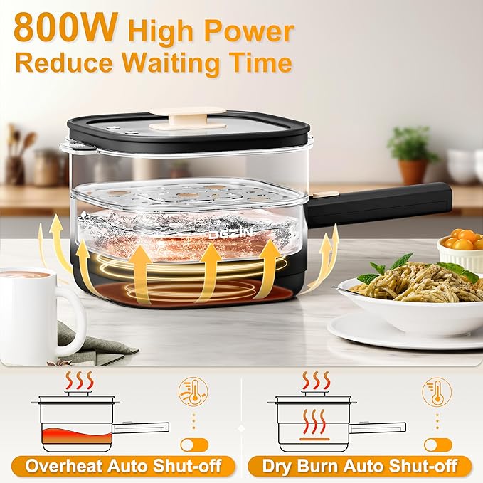 Dezin 2L Electric Hot Pot with Steamer, Rapid 800W Non-Stick Ceramic Coating - Image 4