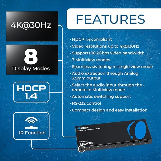 OREI Quad Multi HDMI Viewer 4 in 1 Out HDMI Switcher 4 Ports Seamless Switcher - Image 10