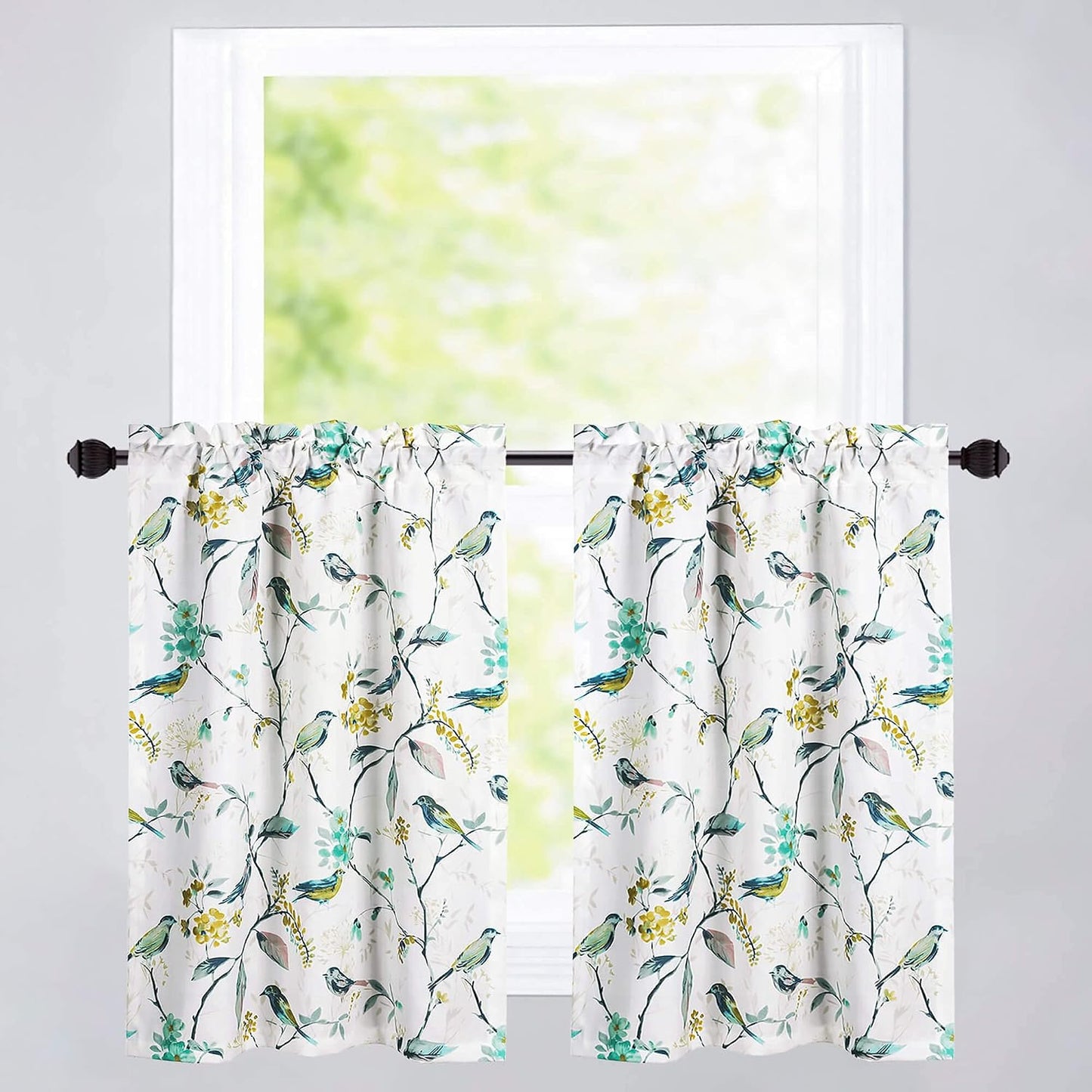 Green Birds Floral Printed Kitchen Tier Curtains, 30 x 36, 2 Panels | Soft Thick Fabric, Easy to Hang Rod Pocket Design, Country Style Short Curtains for Small Window