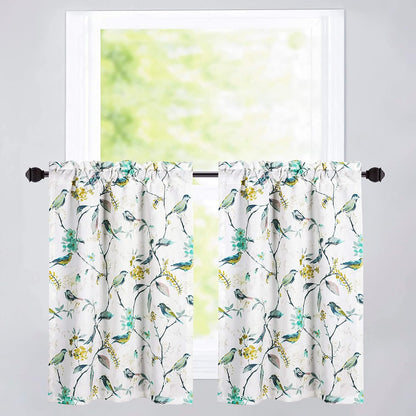 Green Birds Floral Printed Kitchen Tier Curtains, 30 x 36, 2 Panels | Soft Thick Fabric, Easy to Hang Rod Pocket Design, Country Style Short Curtains for Small Window