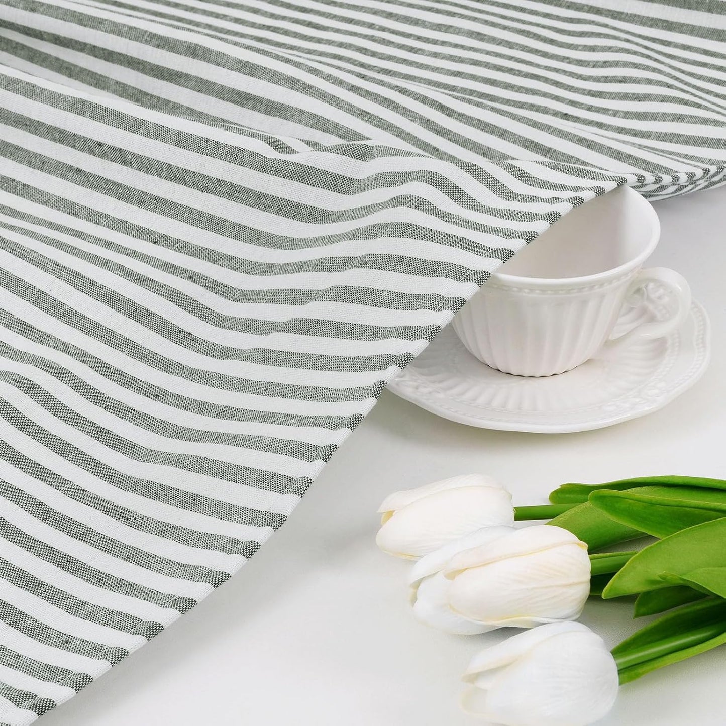 BLEUM CADE Farmhouse Valances for Windows, Cotton Linen Kitchen Curtains Valance, Boho Small Window Curtains for Kitchen, Bathroom, Cafe, Green Stripe Valance with Rustic Buttons, 52 x 18 Inch