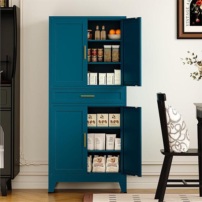 COFaR 71" Pantry Cabinet with Drawer, Peacock Blue Storage Cabinet with by COFAR