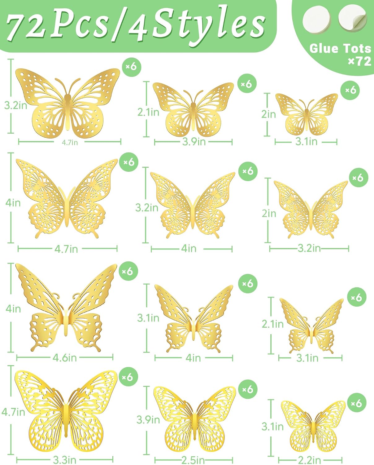 72Pcs 3D Butterfly Wall Decor, Gold Butterfly Fathers Day Decorations, 4 Styles 3 Sizes Removable Butterflies Room Decor Butterflies Wall Stickers for Birthday Party Tea Cake Flower Decorations