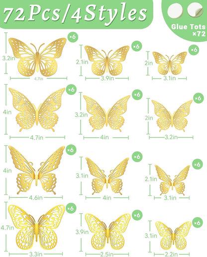 72Pcs 3D Butterfly Wall Decor, Gold Butterfly Fathers Day Decorations, 4 Styles 3 Sizes Removable Butterflies Room Decor Butterflies Wall Stickers for Birthday Party Tea Cake Flower Decorations