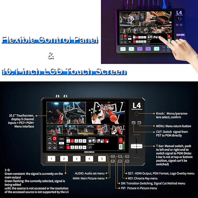 Feelworld L4 Switcher 10.1 Inch Touch Screen Multi-Camera Video Mixer Switcher - Image 6