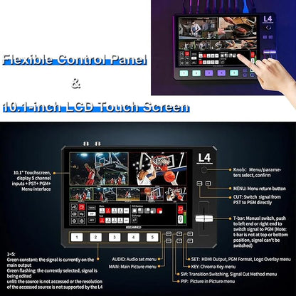 Feelworld L4 Switcher 10.1 Inch Touch Screen Multi-Camera Video Mixer Switcher - Image 6