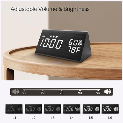 Digital Alarm Clock, with Wooden Electronic LED Time Display, 3 Alarm Settings - Image 3
