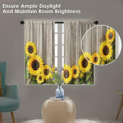 Sunflower Kitchen Curtains 36 Inch Length Farmhouse Window Short Tier Curtains Over Sink Set of 2, Wooden Board Flower Summer Vintage Small Kitchen Decor 26x36 Inch