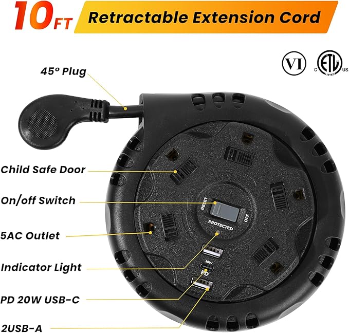 10ft Flat Plug Surge Protector Power Strip, Retractable Extension Cord - Image 2