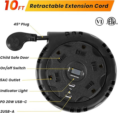 10ft Flat Plug Surge Protector Power Strip, Retractable Extension Cord - Image 2