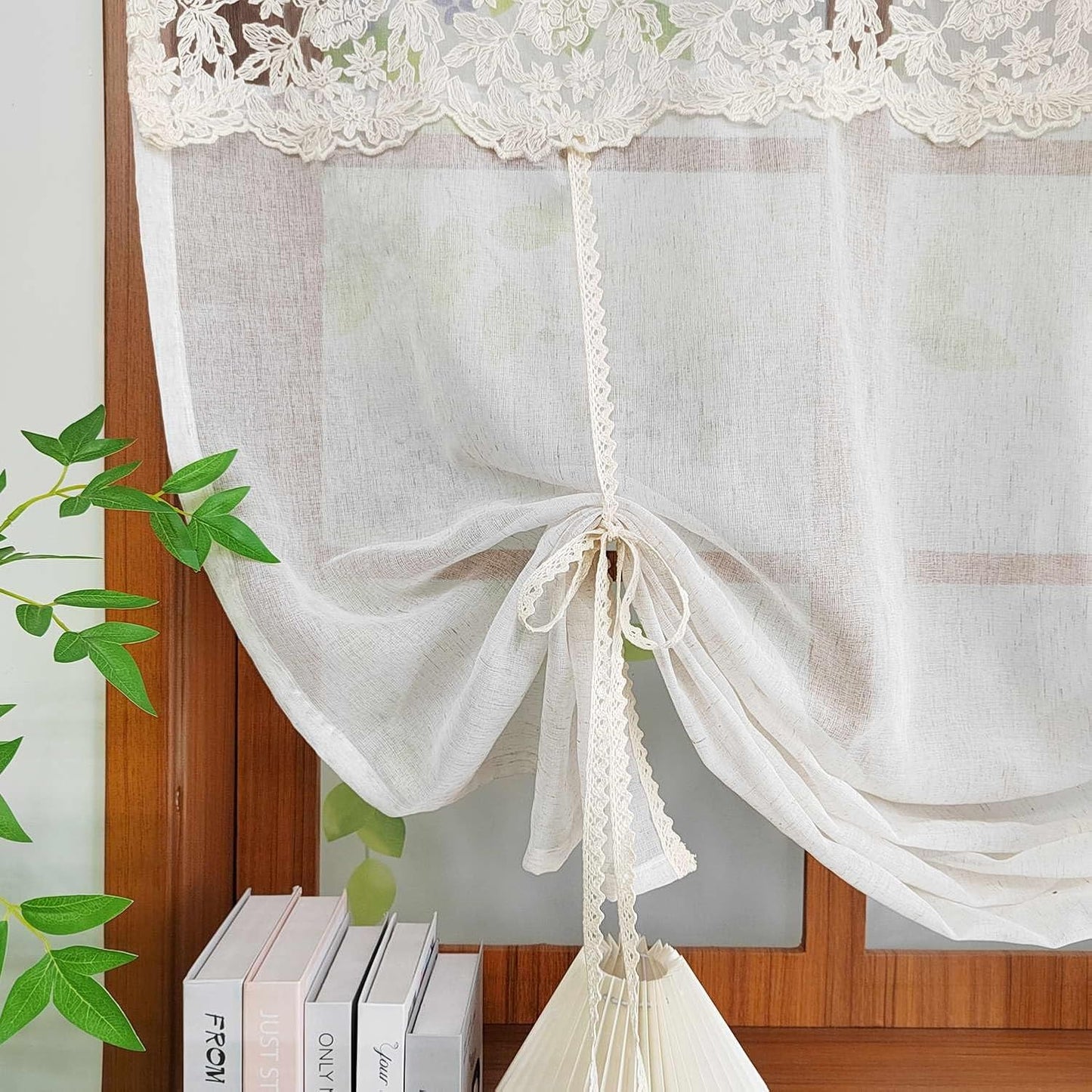 Floral Tie Up Curtains for Window, Adjustable Lace Balloon Shade | Crochet Lace Trim, Rod Pocket Light Filtering Sheer Curtain Panel for Kitchen Cafe Bathroom,1 Panel (Beige, W39 L39 inch)