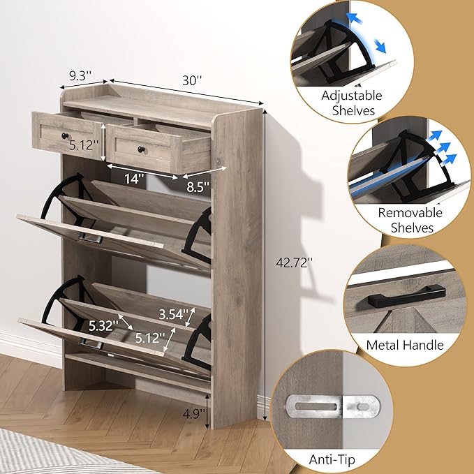 Shoe Cabinet with 2 Flip Drawers & 2 Storage Drawers, Rustic Farmhouse Narrow - Image 6