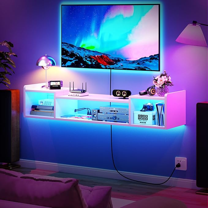 55.1"W Floating TV Stand with LED Lights & Power Outlets - Image 3