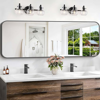 Bathroom Mirror, 60 x 24 inch Metal Framed Black Rectangle Mirror, Rounded by WelcometoCIVENO