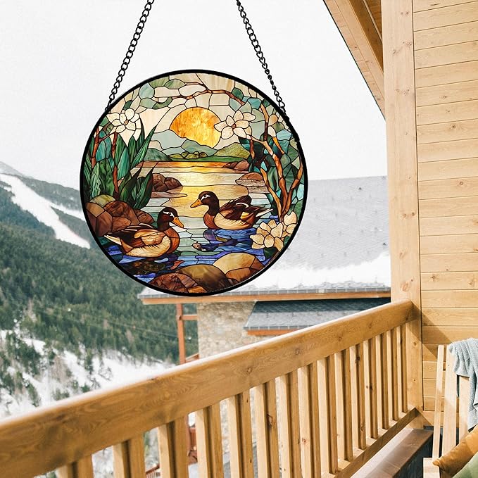 AMDERVEN Stained Glass Window Hanging, Ducks in The Pond Sun Catcher by amderven